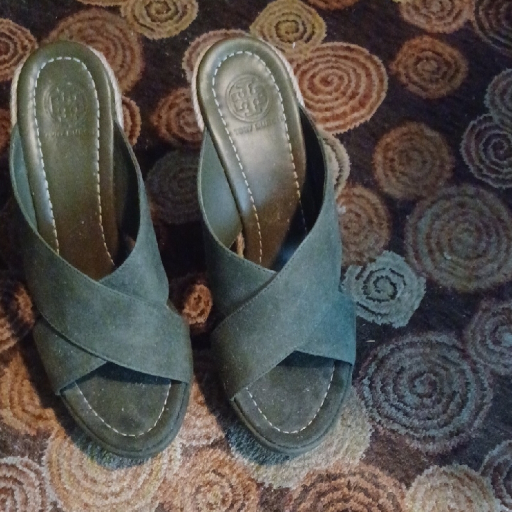 Tory Burch Dark Green Suede Crisscross Mule Slides